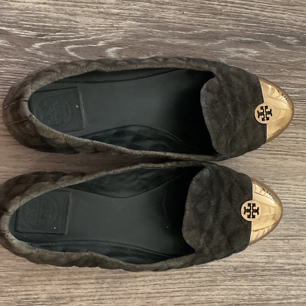 Tory Burch Black Flats with Gold Accents